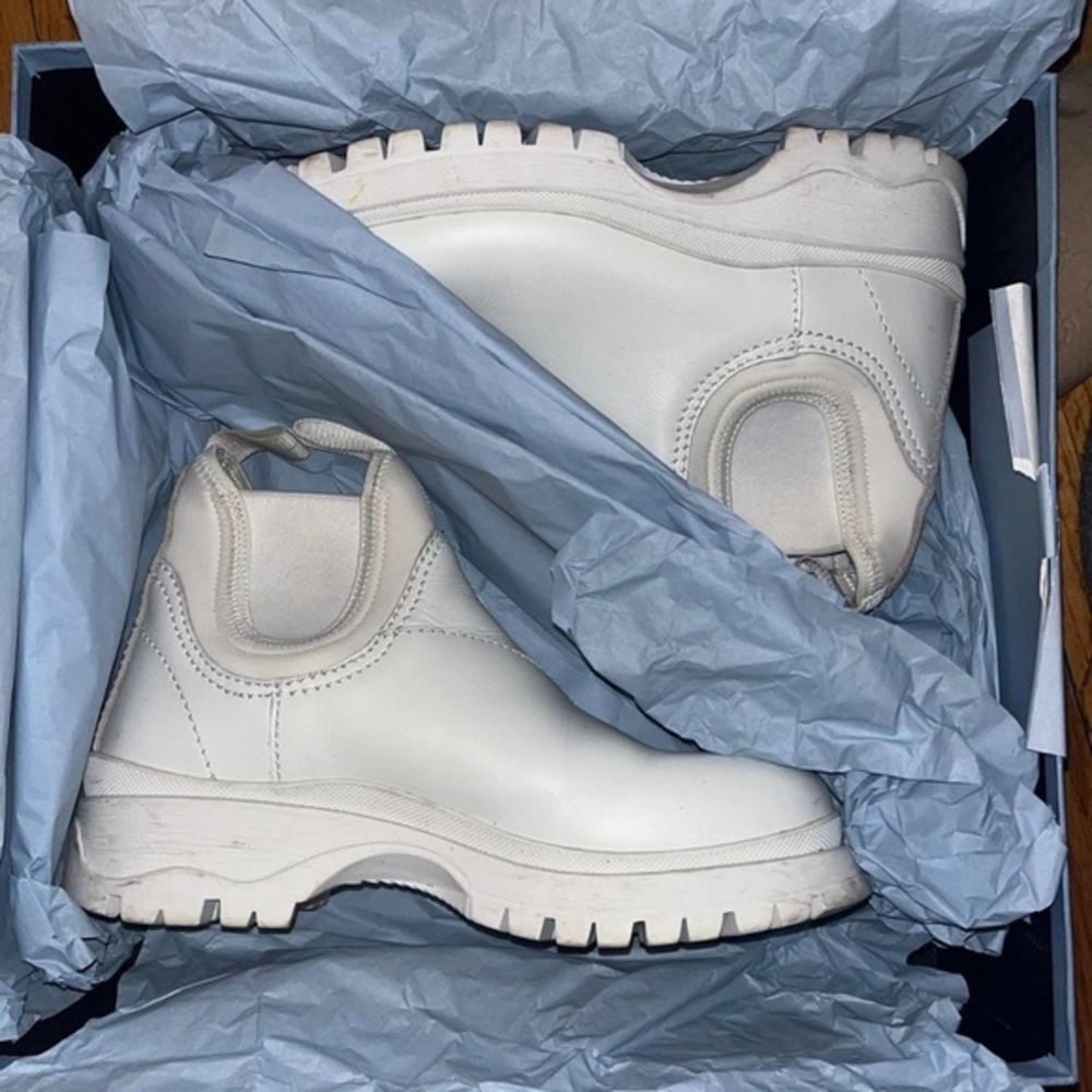 Prada all white ankle chelsea slip‎ on monolith ankle boots FW18 chunky​